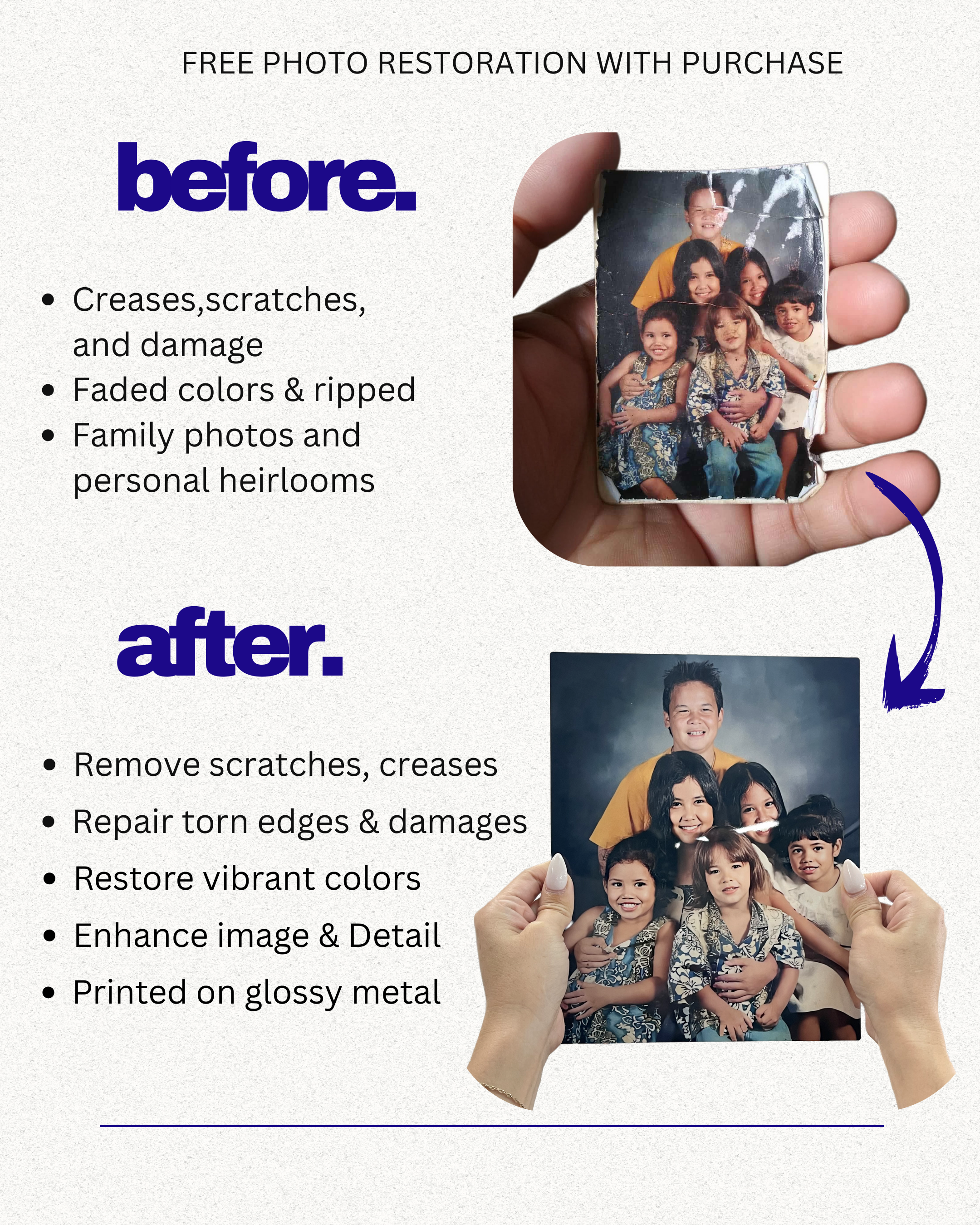 Complimentary Photo Restoration Service (with purchase) - Turn Your Photo into a Stunning Glossy Metal Print