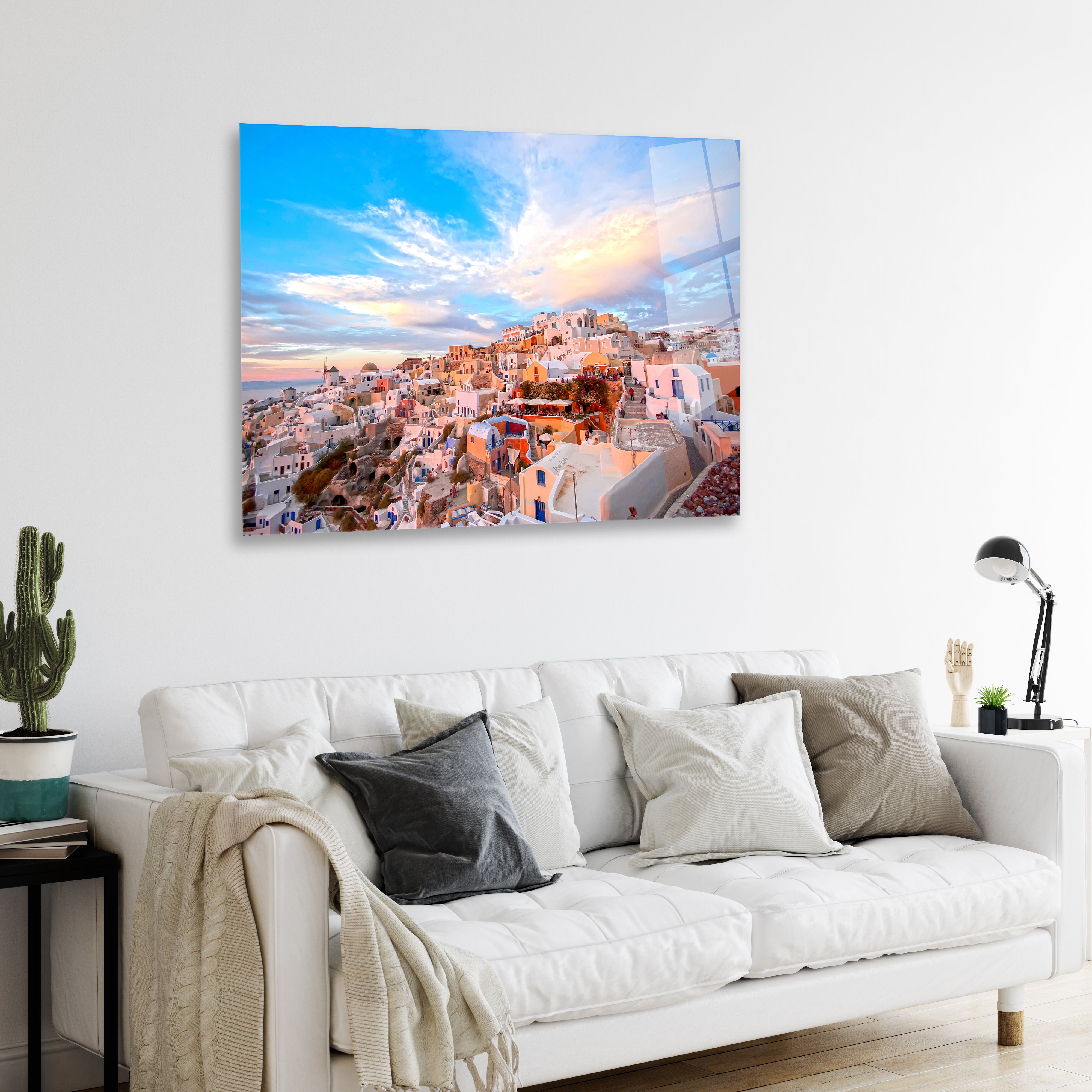 Santorini Greence Sunset Clouds HD Metal Wall Art