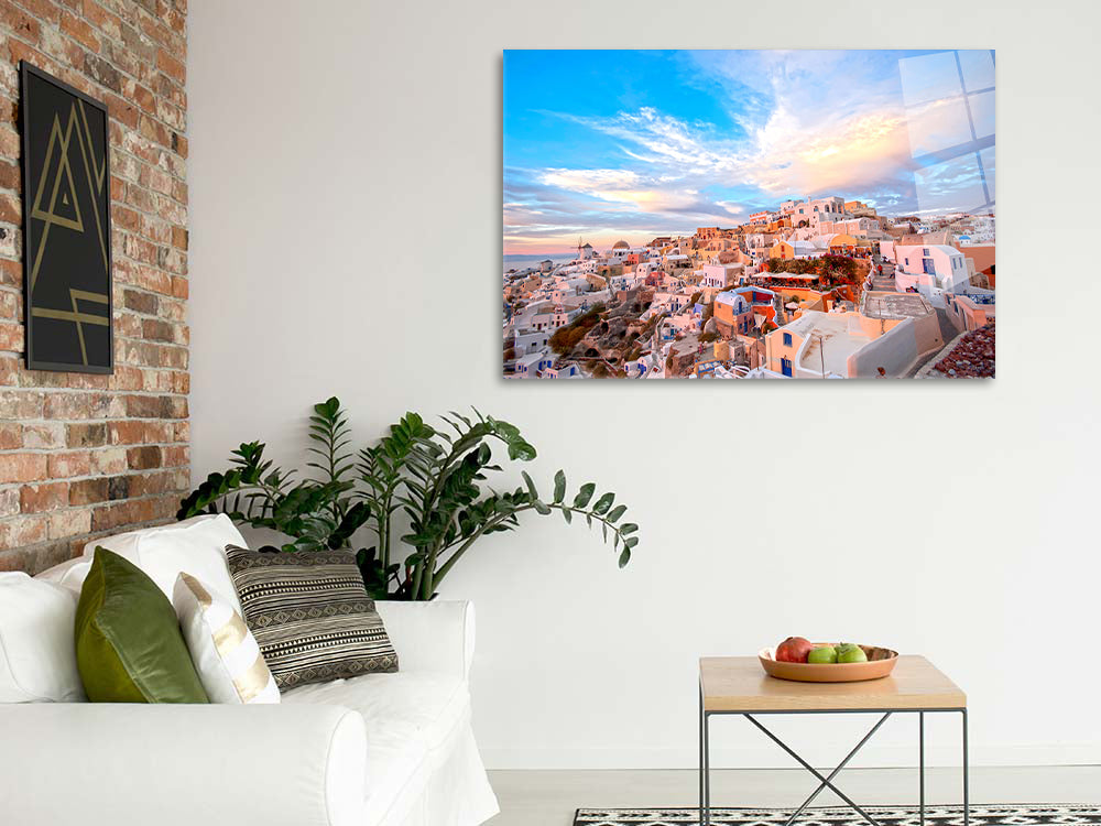 Santorini Greence Sunset Clouds HD Metal Wall Art